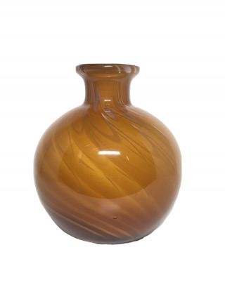 Art Glass Hand Blown Amber With White Swirls Teardrop Round Shaped Vase