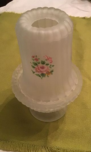 Vintage Frosted Glass Courting Fairy Lamp Pink Cabbage Roses.  6 1/2” Tall.