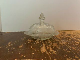 Vintage Jeanette Clear Glass Iris And Herringbone Covered Butter Dish