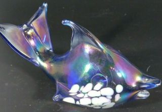 Hand Blown Art Glass Fish Paperweight Figurine Iridescent Blue Rainbow White