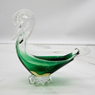 Vintage Swan Candy Dish Trinket Bowl Green Clear Glass Hand Blown Decor