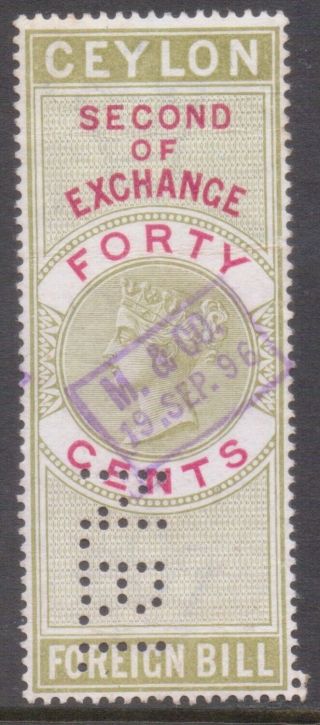 Ceylon Qv Foreign Bill Stamp 40c Cancel " M & Co " 1896 Perfinned 
