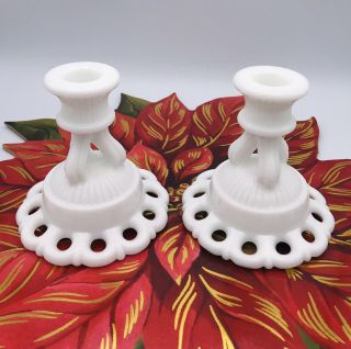 Pair Westmoreland Doric Open Lace White Milk Glass Candle Stick Holders Vintage
