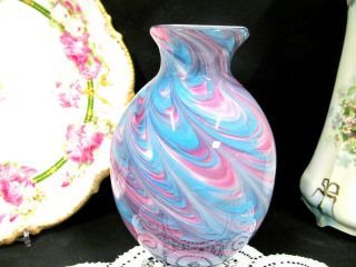 Vintage Murano Glass Vase Pink And Purple Blue Shades Peacock Feather Design