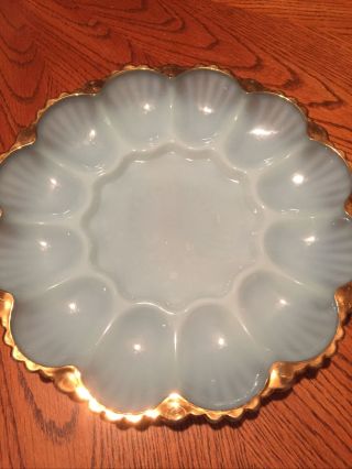 Vintage Fire King Blue Delphite Deviled Egg Plate Tray With Gold Gilt