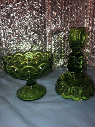 Vintage Le Smith Stars And Moon Avocado Green Glass Candle Stick Pillar & Bowl