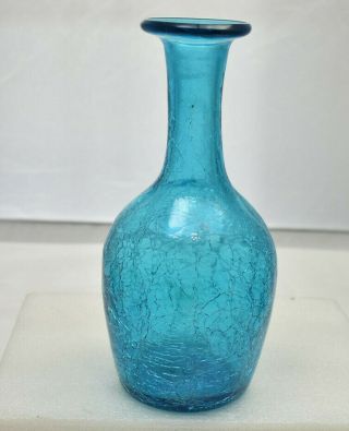 Vintage Art Glass Vase Decanter Neon Blue Crackle Glass Hand Blown With Pontil