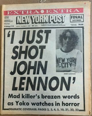 John Lennon Rare December 9,  1980 Ny Post " I Just Shot John Lennon " Headline