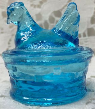 Aqua Blue Vaseline Glass Salt Cellar Hen Chicken On Nest Basket Dish Uranium Dip