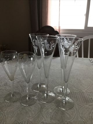 4 Princess House 435 Heritage Crystal Toasting Flute Glasses & 2 Tulip Cham
