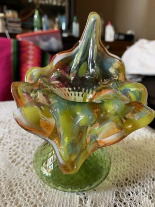 Vintage Jack In Pulpit Vase Checkered Base Green,  Amber Blown Art Glass Unsigned