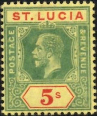 St.  Lucia 1912 Kgv 5/ - Green & Red On Yellow Paper Sg.  88 (hinged) Cat:£25