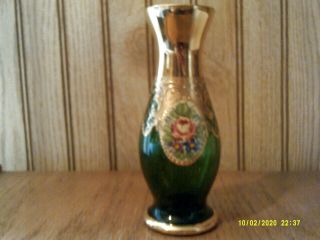 Antique Vintage Bohemian Art Glass Green Vase 6 " Gold Trim