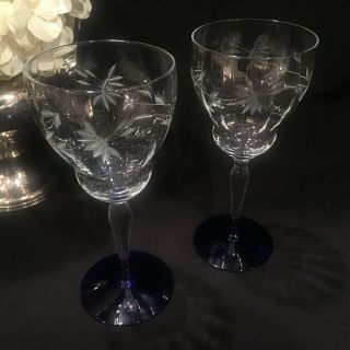 Set Of 2 Weston Wgl6 Etched Wine Water Goblet Glass Cobalt Blue Foot Optic