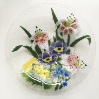 Peggy Karr Signed Fused Art Glass 8 1/2 " Round Bowl Summer Garden Lily Flowers
