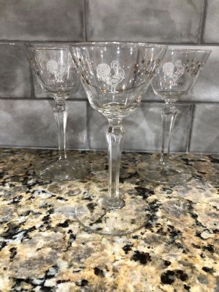 Vintage 3 Libbey Chanticleer Rooster Cocktail Glasses Stemware