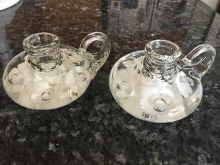Vintage Pair Joe St Clair Blown Glass White Flowers Candle Holders