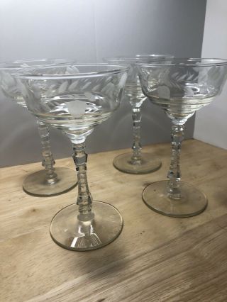 Set Of 4 Libbey/rock Sharpe Gray Cut Floral Champagne /tall Sherbets