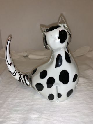 Vintage Black & White Long Tail Hand Blown Art Glass Cat Paperweight