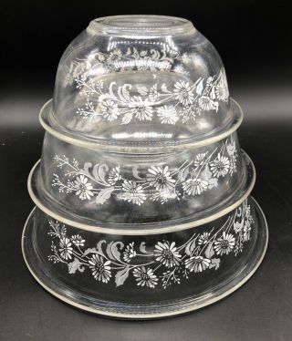 Vtg Pyrex Set Of 3 Clear Nesting Bowls Colonial Mist White Flowers 322,  323,  325