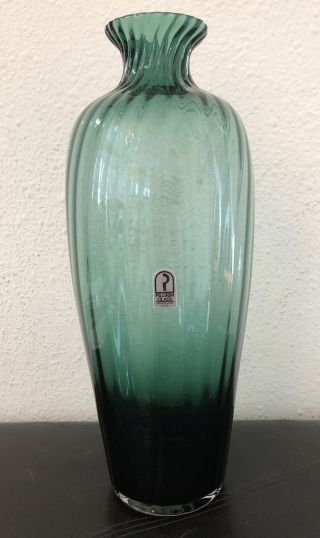 Vintage Pilgrim Handblown Green Glass Ribbon Vase 16.  5 " Tall