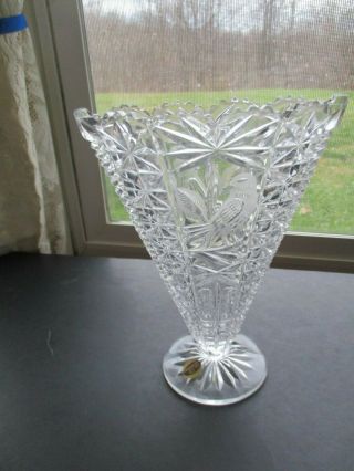 Vintage Hofbauer Byrdes Bleikristall Cut Crystal Bird Fan Vase 8 - 3/4 " W Sticker