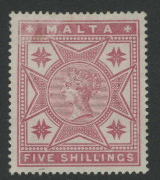 Malta Queen Victoria Five Shilling 5/ - Rose Stamp (sg 30) Dated 1886.