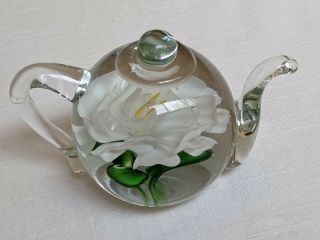 Dynasty Gallery Heirloom Teapot Glass Paperweight White Flower Small Flaw