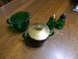 Vintage - Dark Emerald Green Glass Creamer And Sugar Bowl Set & Salt & Pepper