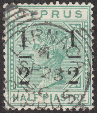 Cyprus 1886 Qv ½ On ½pi Emerald - Green With 8mm Fractions Sg29 Cat £17