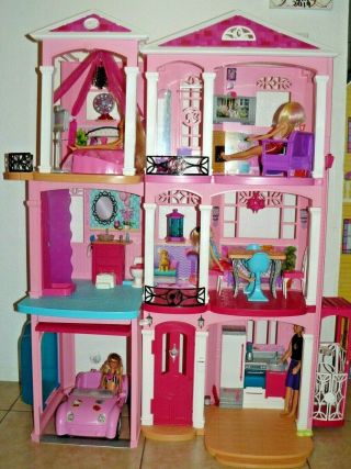 Mattel Barbie 3 Story Fully Furnished Pink House With Car & 4 Dolls
