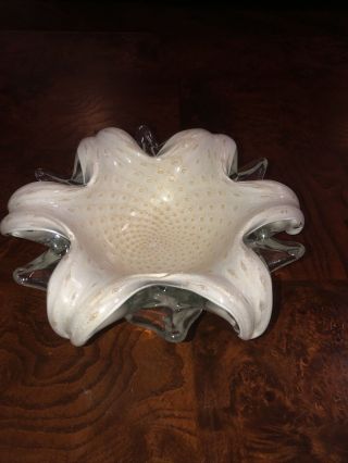 Vintage Mid Century Hand Blown Murano Glass Candy Dish White & Clear Gorgeous