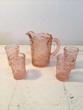 Vintage Pink Depression Style Glass 3” Pitcher W 4 - 2” Glasses Peacock Childs Set