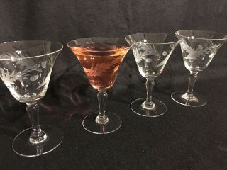 Set 4 Vintage Art Nouveau Clear Crystal Deco Etched Martini Cocktail Glasses Mcm
