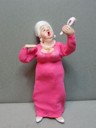 Vintage Miniature Dollhouse 1:12 Artisan Sculpted Doll White Hair Lady In Pink