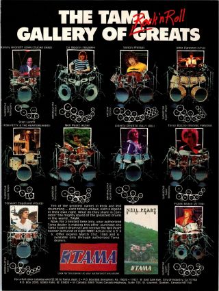 1984 Vintage 8x11 Print Ad For Tama Drums Gallery Of Greats Neil Peart Of Rush,
