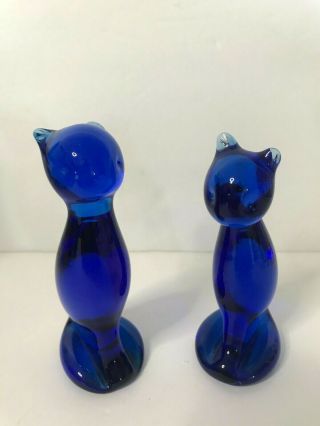 Vintage 2 Cobalt Blue Art Glass Hand Blown Cat Figurine