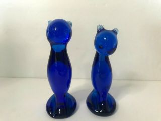 Vintage 2 Cobalt Blue Art Glass Hand Blown Cat Figurine 2