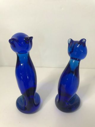 Vintage 2 Cobalt Blue Art Glass Hand Blown Cat Figurine 3