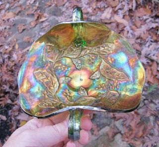 Holly Sprig Millersburg Carnival Glass Bowl Antique Green Bonbon Radium Shiny
