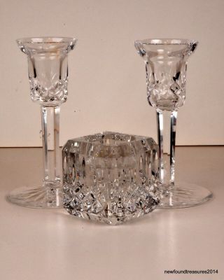 Pair Waterford Lismore Crystal Candle Holders W/ Waterford Square Candle Holder