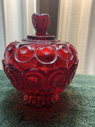 Vintage L E Smith Ruby Red Moon & Stars Glass Footed Compote / Candy W/ Lid