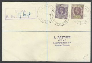 Fiji Kgv King George V 1922 1d & 5d On Registered Cover To Austria