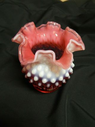 Vtg Fenton Opalescent Cranberry Art Glass Hobnail Ball Vase