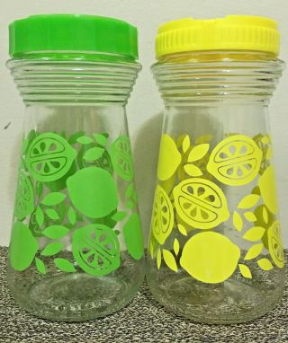 Set Of 2 Vintage Glass Juice Carafes W/ Lid Yellow Lemon & Green Lime 24 Oz Jar