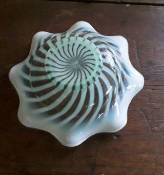 Fenton Glass Swirl Opalescent & Green Bowl W/ Ruffled Edge Has Sticker