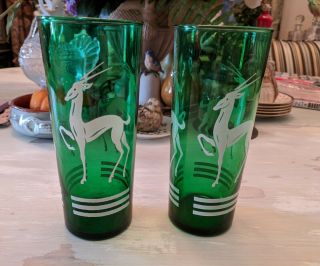 Vintage Set Of 2 Mcm Anchor Hocking Green Glass Antelope Gazelle Drinking Glass