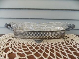 Vintage Clear Glass Scalloped Rim Oval Serving Dish With Metal Handled Carrier