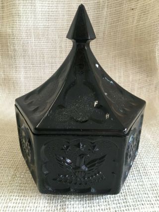Tiara Indiana Black Glass Hexagon Candy Dish Lid Colonial Star & Eagle Rare