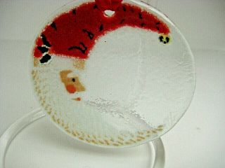 Peggy Karr Fused Glass Round Crescent Santa 3 " Ornament - Signed